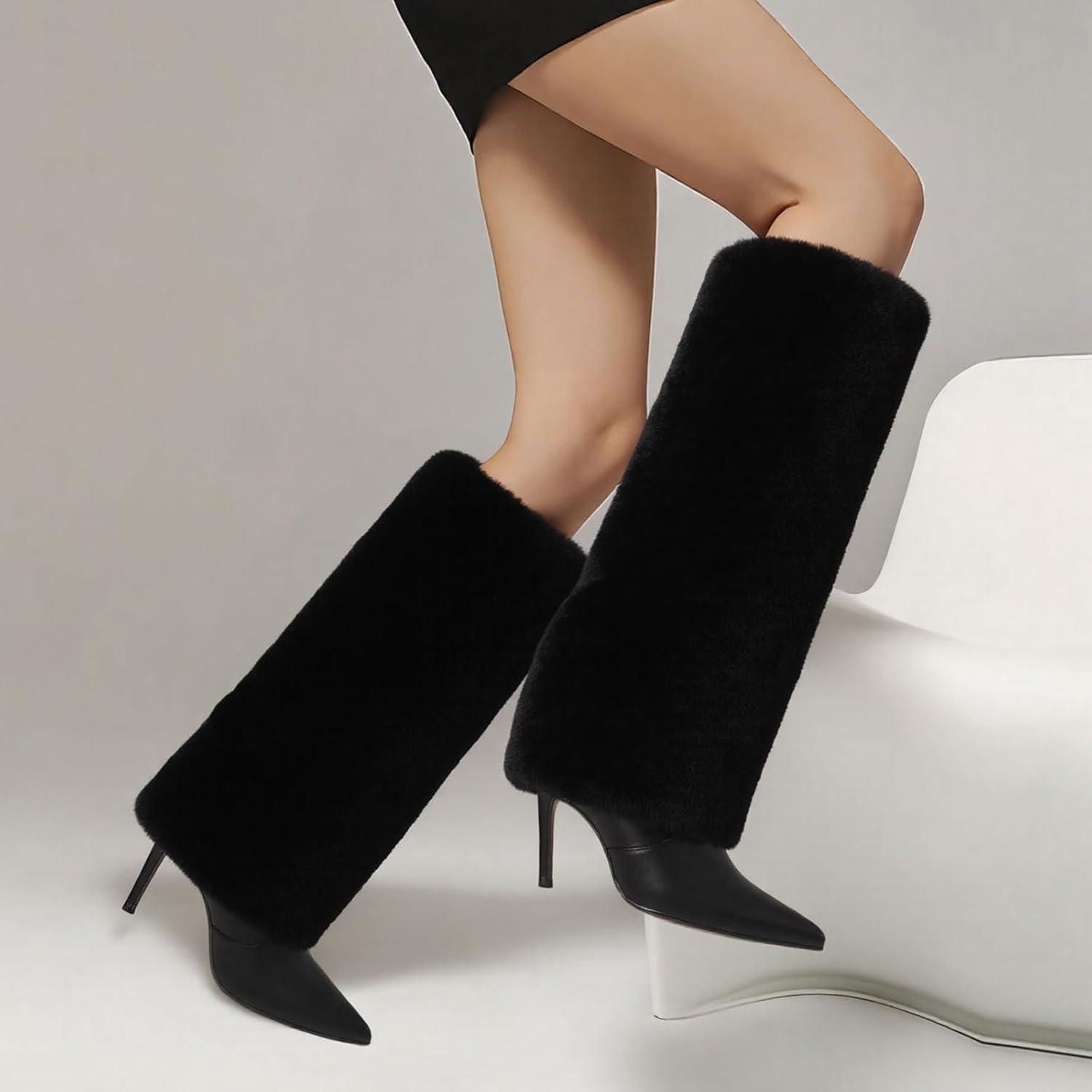 image:imageWomen Fur Knee High Boots Heels Fold Over Tall Boots Wide CalfPointed Toe Furry Dressy Party Fashion ShowsBlack