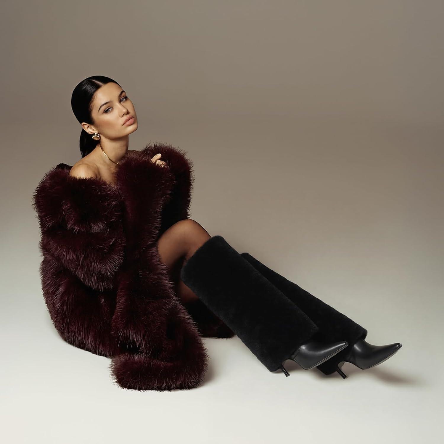 image:imageWomen Fur Knee High Boots Heels Fold Over Tall Boots Wide CalfPointed Toe Furry Dressy Party Fashion ShowsBlack
