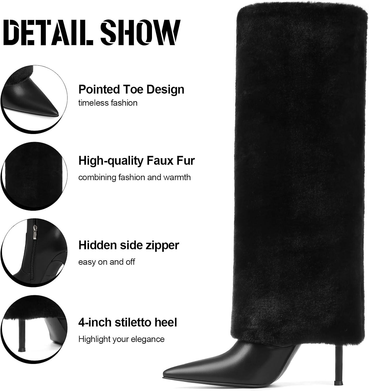 image:imageWomen Fur Knee High Boots Heels Fold Over Tall Boots Wide CalfPointed Toe Furry Dressy Party Fashion ShowsBlack