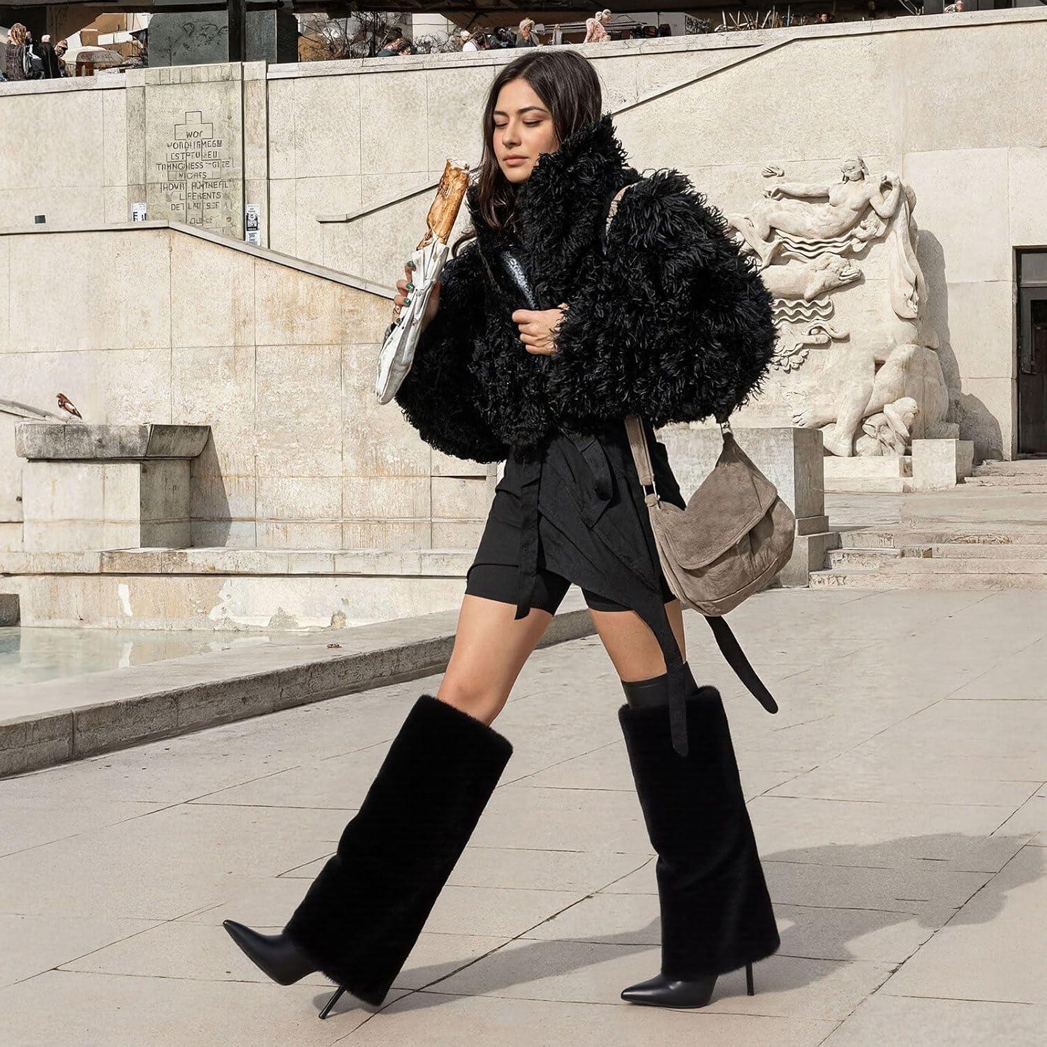 image:imageWomen Fur Knee High Boots Heels Fold Over Tall Boots Wide CalfPointed Toe Furry Dressy Party Fashion ShowsBlack