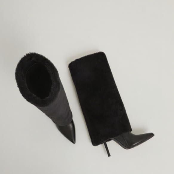 image:imageWomen Fur Knee High Boots Heels Fold Over Tall Boots Wide CalfPointed Toe Furry Dressy Party Fashion ShowsBlack