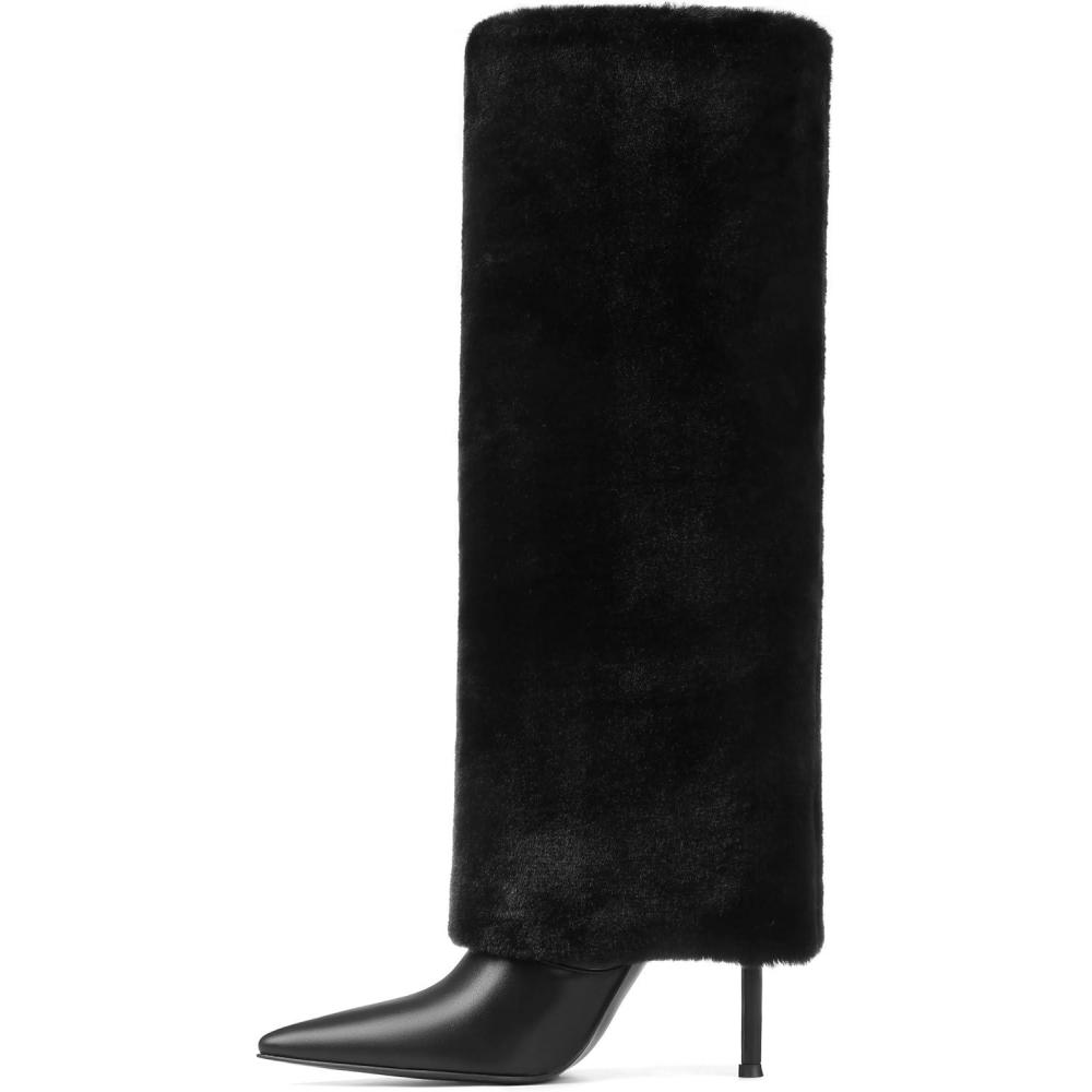 image:imageWomen Fur Knee High Boots Heels Fold Over Tall Boots Wide CalfPointed Toe Furry Dressy Party Fashion ShowsBlack