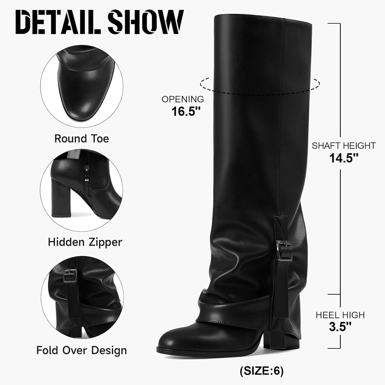 image:imageKnee High Boots Women Fold Over Slouchy Boot Buckle Desgin Hidden Zipper Round Toe Chunky HeelBlack