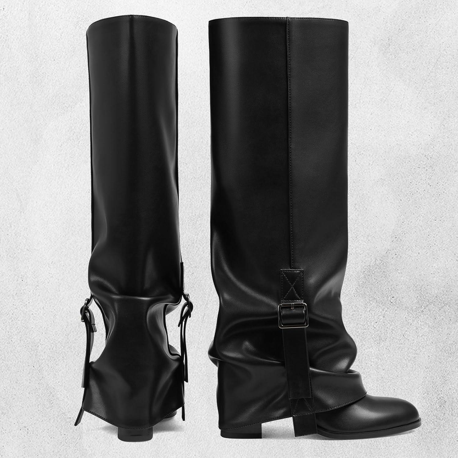 image:imageKnee High Boots Women Fold Over Slouchy Boot Buckle Desgin Hidden Zipper Round Toe Chunky HeelBlack