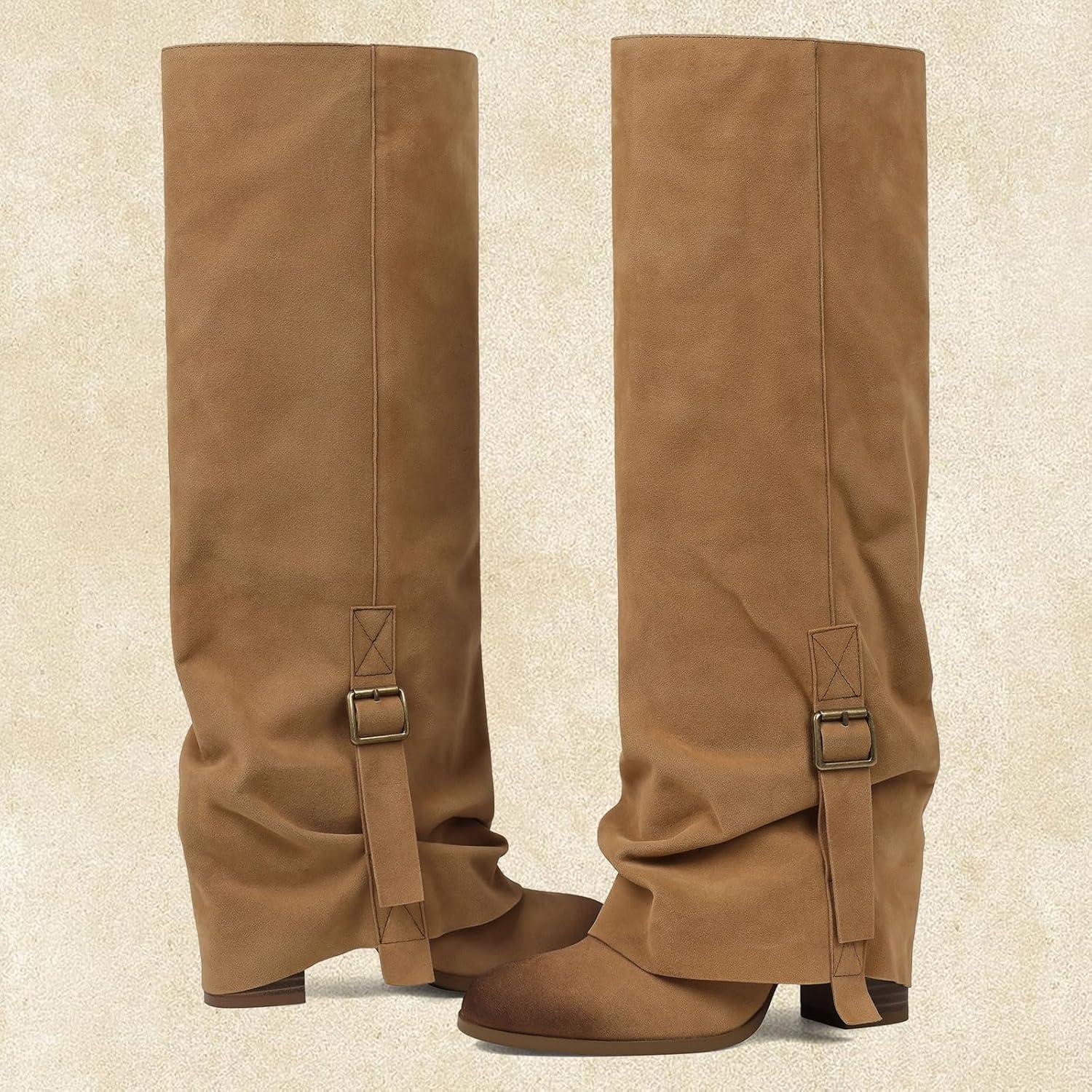 image:imageKnee High Boots Women Fold Over Slouchy Boot Buckle Desgin Hidden Zipper Round Toe Chunky HeelBrown