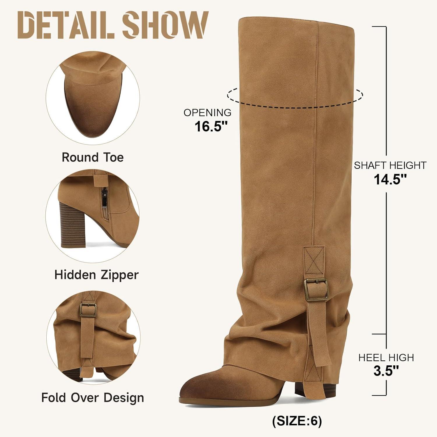 image:imageKnee High Boots Women Fold Over Slouchy Boot Buckle Desgin Hidden Zipper Round Toe Chunky HeelBrown