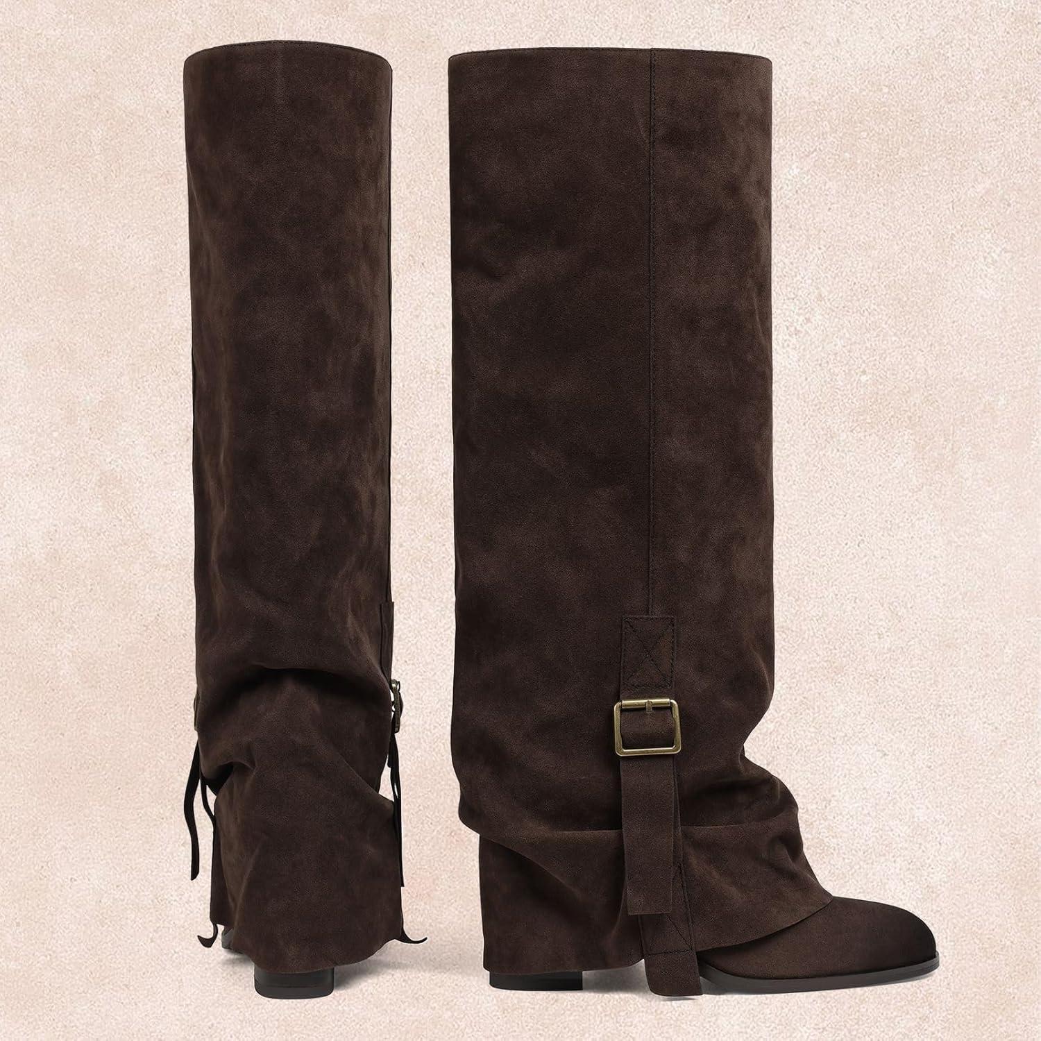 image:imageKnee High Boots Women Fold Over Slouchy Boot Buckle Desgin Hidden Zipper Round Toe Chunky HeelChocolate