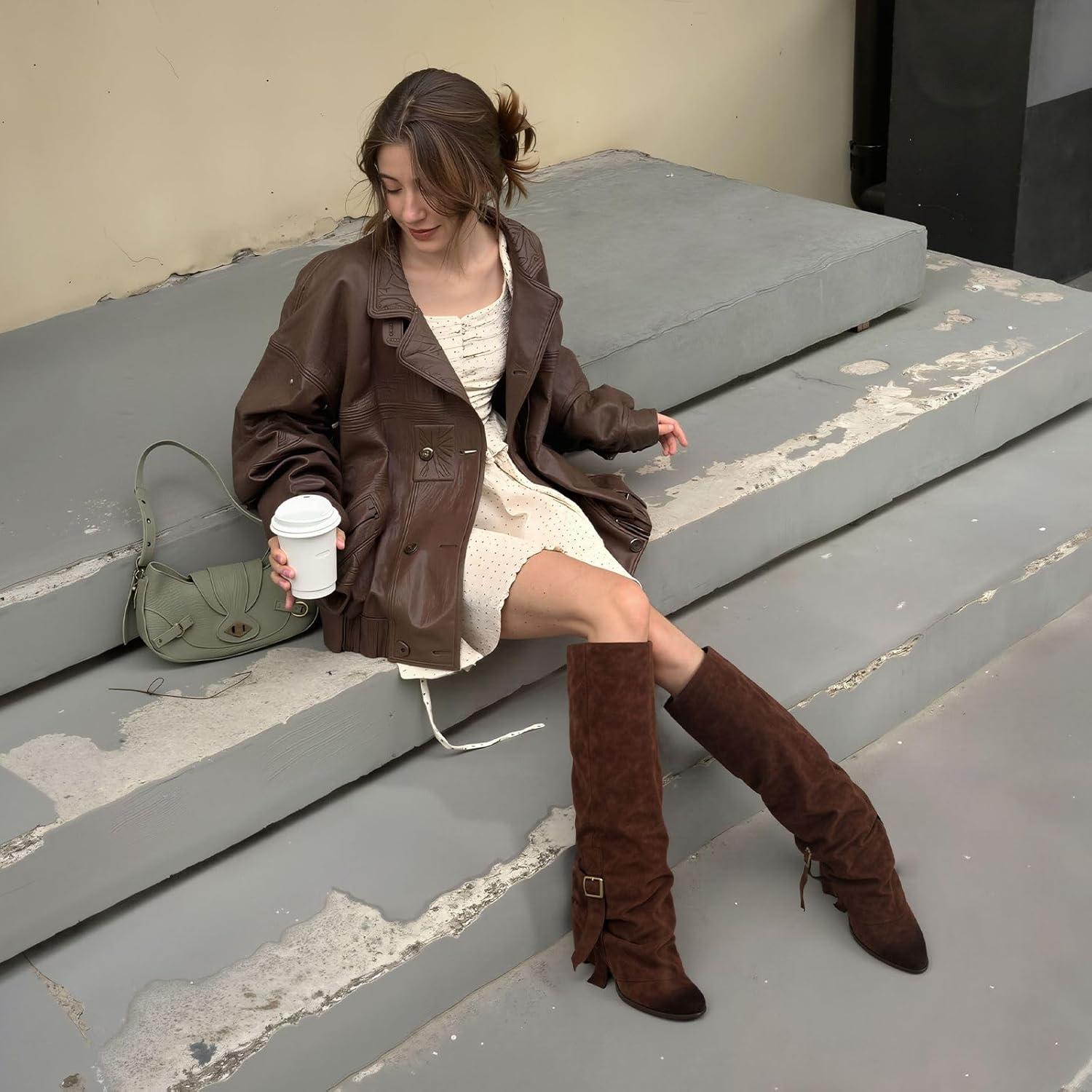 image:imageKnee High Boots Women Fold Over Slouchy Boot Buckle Desgin Hidden Zipper Round Toe Chunky HeelChocolate