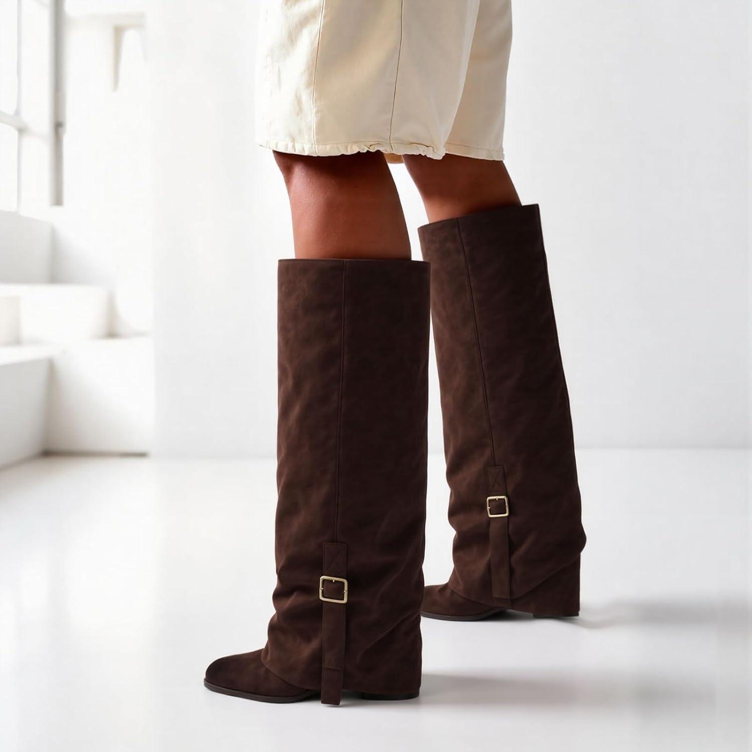 image:imageKnee High Boots Women Fold Over Slouchy Boot Buckle Desgin Hidden Zipper Round Toe Chunky HeelChocolate