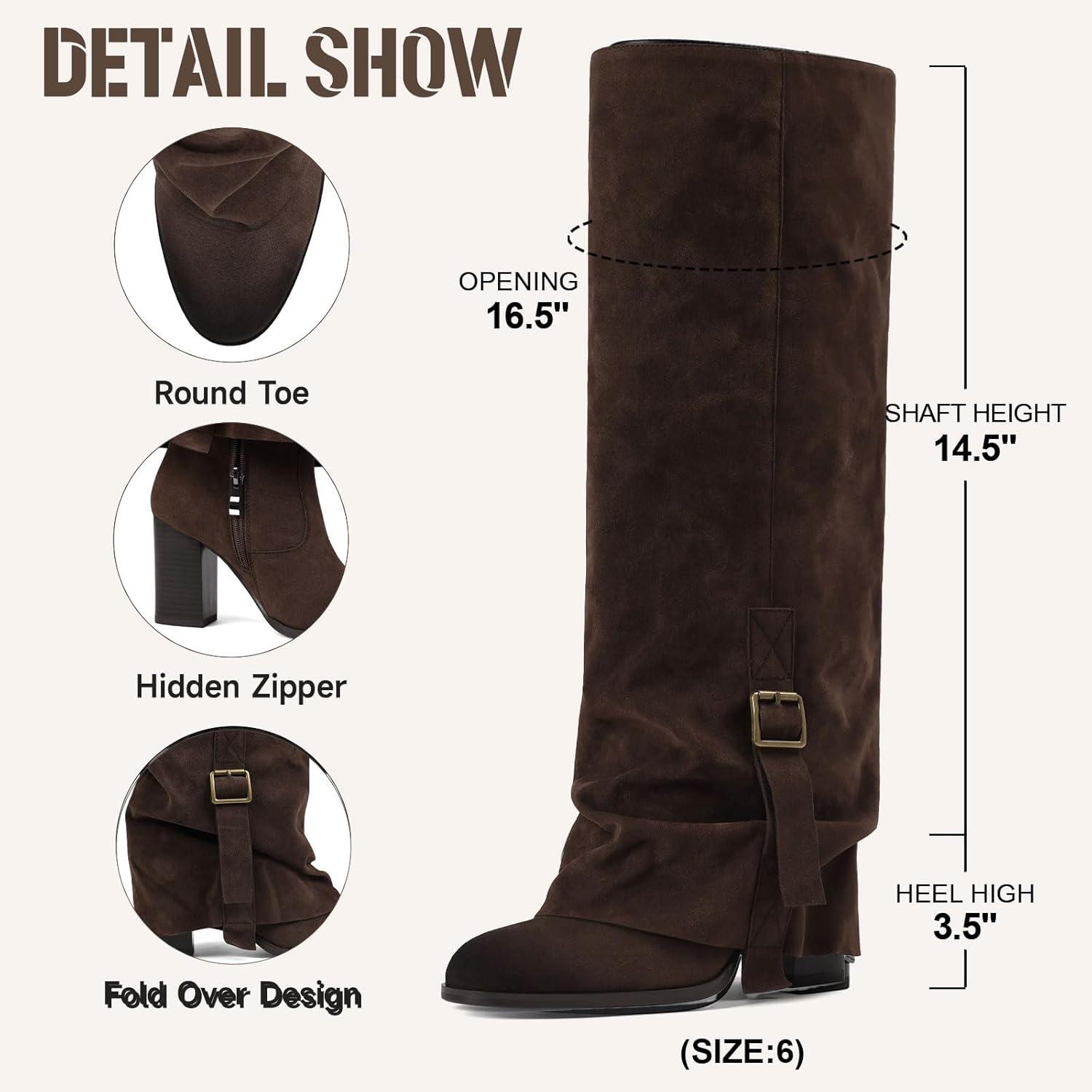 image:imageKnee High Boots Women Fold Over Slouchy Boot Buckle Desgin Hidden Zipper Round Toe Chunky HeelChocolate