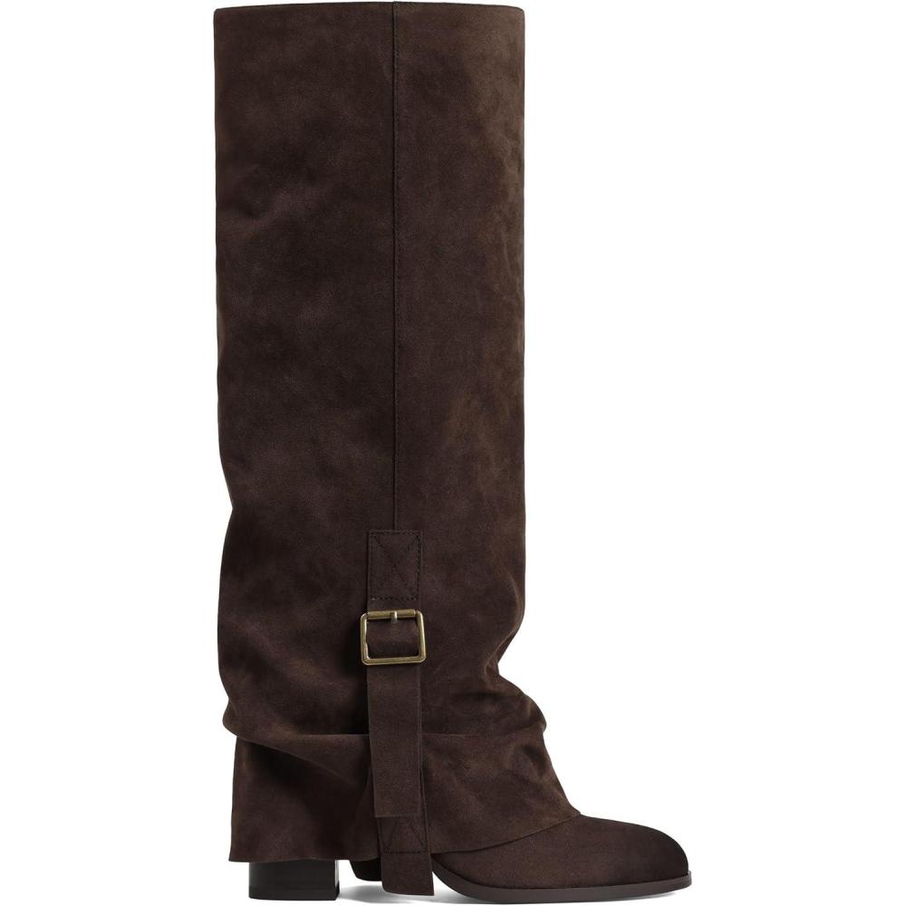 image:imageKnee High Boots Women Fold Over Slouchy Boot  Buckle Desgin Hidden Zipper Round Toe Chunky HeelChocolate
