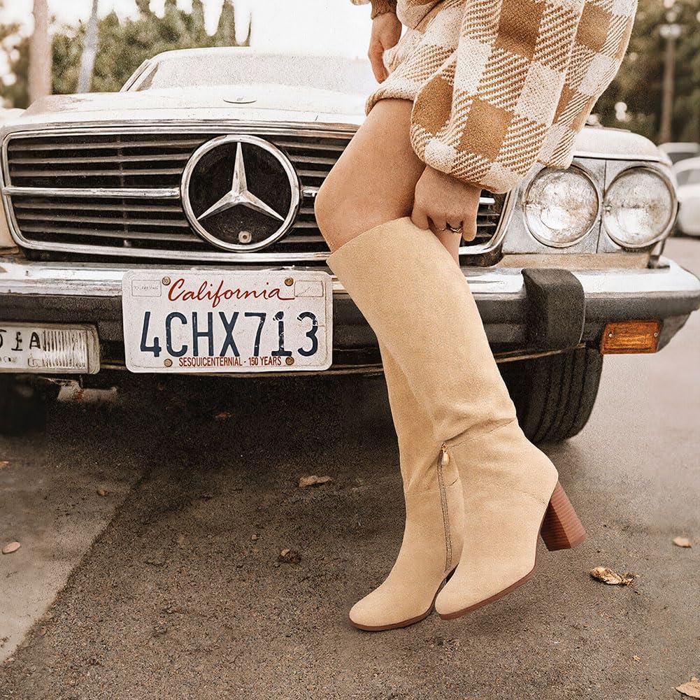 image:imageEQAUDES Knee High Boots Women Fall Winter Faux Suede Square Toe Chunky Block Heel Wide Calf Boots Fashion Side Zipper Long Boot1 Apricot