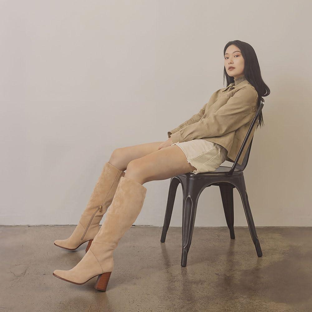 image:imageEQAUDES Knee High Boots Women Fall Winter Faux Suede Square Toe Chunky Block Heel Wide Calf Boots Fashion Side Zipper Long Boot1 Apricot