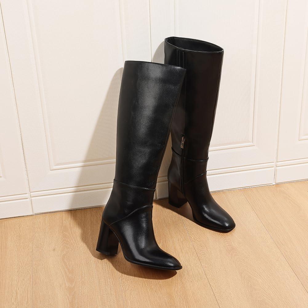 image:imageEQAUDES Knee High Boots Women Fall Winter Faux Suede Square Toe Chunky Block Heel Wide Calf Boots Fashion Side Zipper Long Boot1 Black Pu