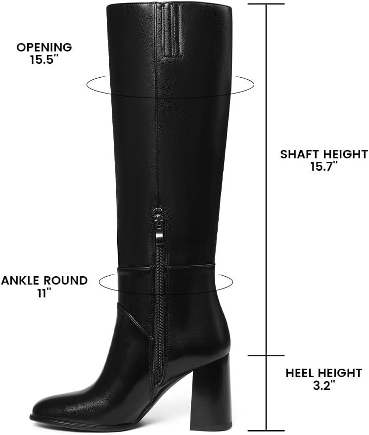image:imageEQAUDES Knee High Boots Women Fall Winter Faux Suede Square Toe Chunky Block Heel Wide Calf Boots Fashion Side Zipper Long Boot1 Black Pu