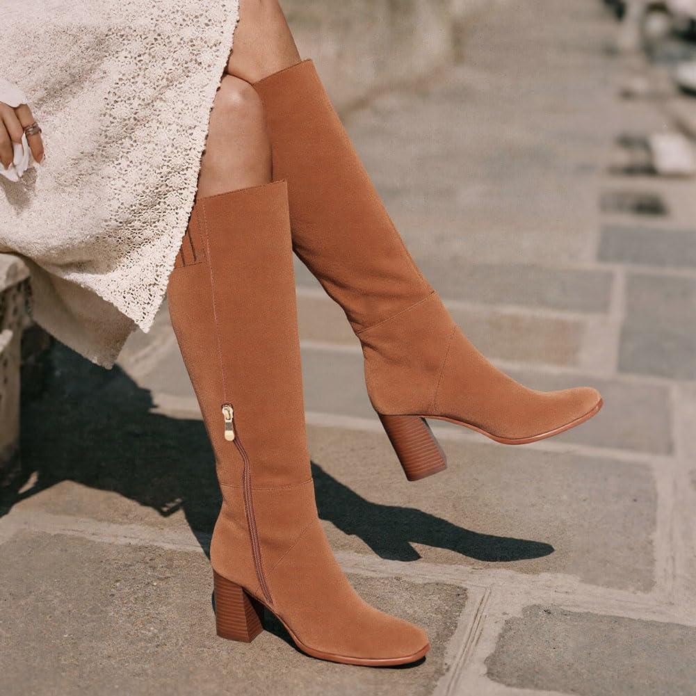 image:imageEQAUDES Knee High Boots Women Fall Winter Faux Suede Square Toe Chunky Block Heel Wide Calf Boots Fashion Side Zipper Long Boot1 Brown