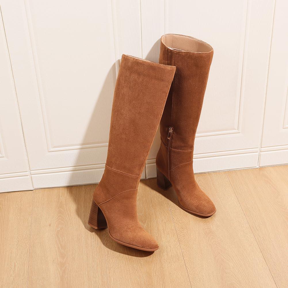 image:imageEQAUDES Knee High Boots Women Fall Winter Faux Suede Square Toe Chunky Block Heel Wide Calf Boots Fashion Side Zipper Long Boot1 Brown