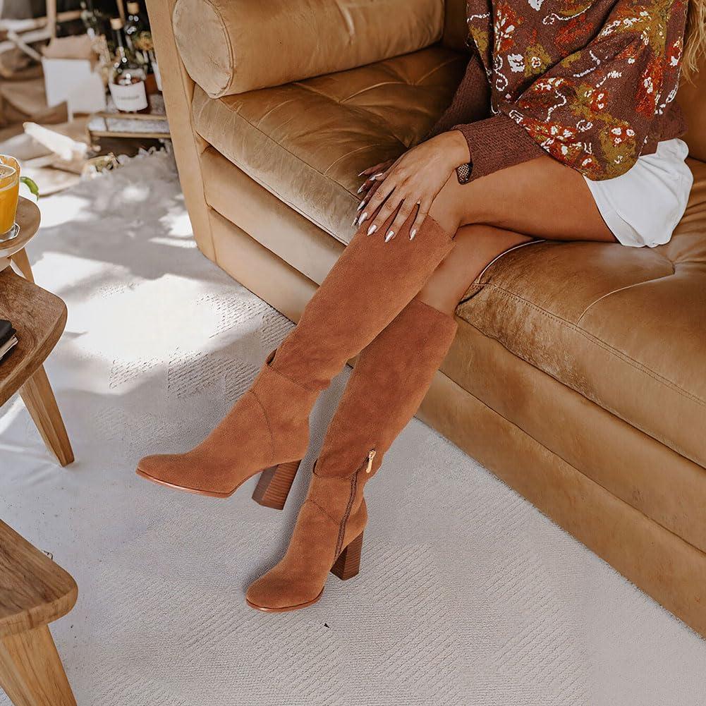image:imageEQAUDES Knee High Boots Women Fall Winter Faux Suede Square Toe Chunky Block Heel Wide Calf Boots Fashion Side Zipper Long Boot1 Brown