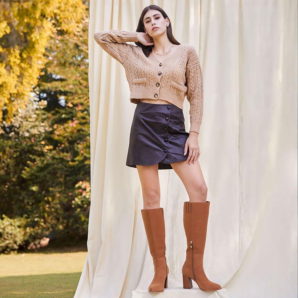 image:imageEQAUDES Knee High Boots Women Fall Winter Faux Suede Square Toe Chunky Block Heel Wide Calf Boots Fashion Side Zipper Long Boot1 Brown