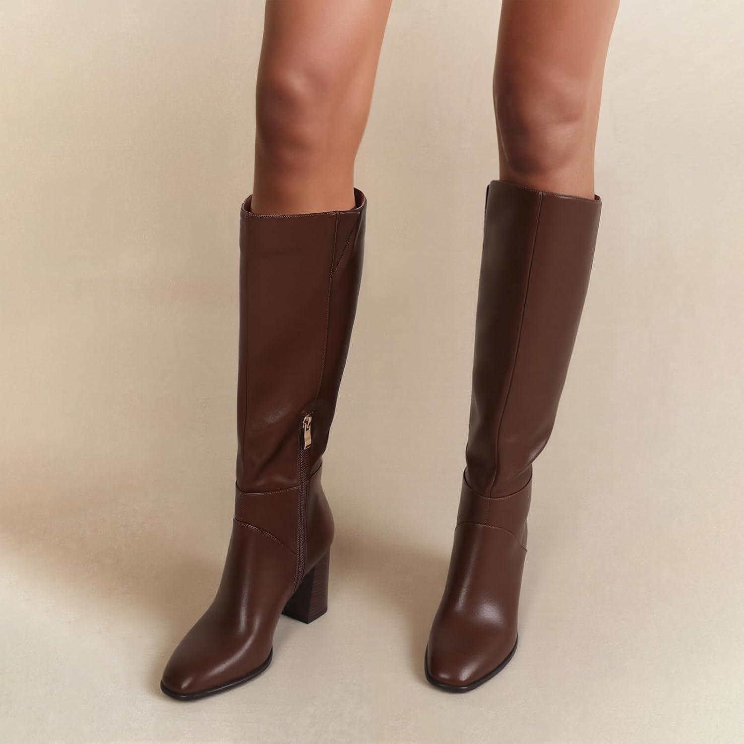 image:imageEQAUDES Knee High Boots Women Fall Winter Faux Suede Square Toe Chunky Block Heel Wide Calf Boots Fashion Side Zipper Long Boot1 Brown Pu