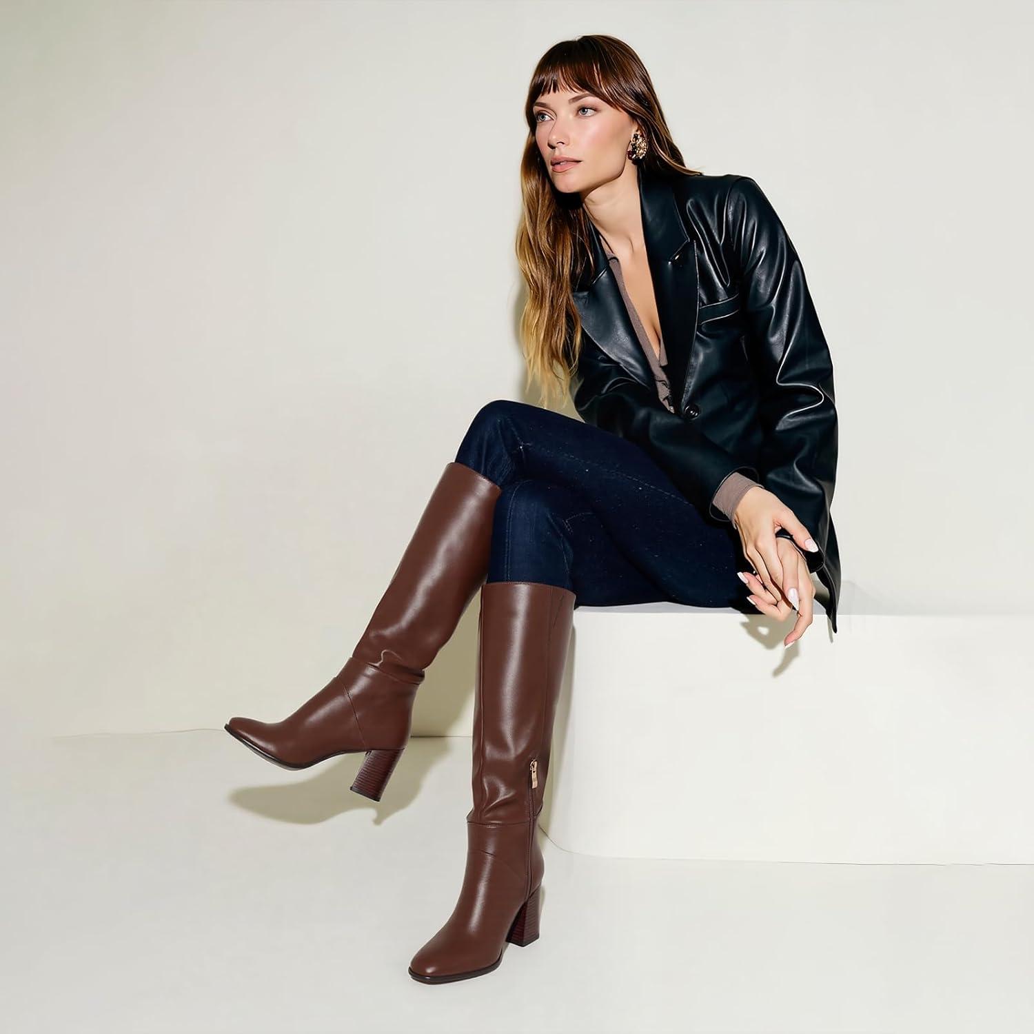 image:imageEQAUDES Knee High Boots Women Fall Winter Faux Suede Square Toe Chunky Block Heel Wide Calf Boots Fashion Side Zipper Long Boot1 Brown Pu