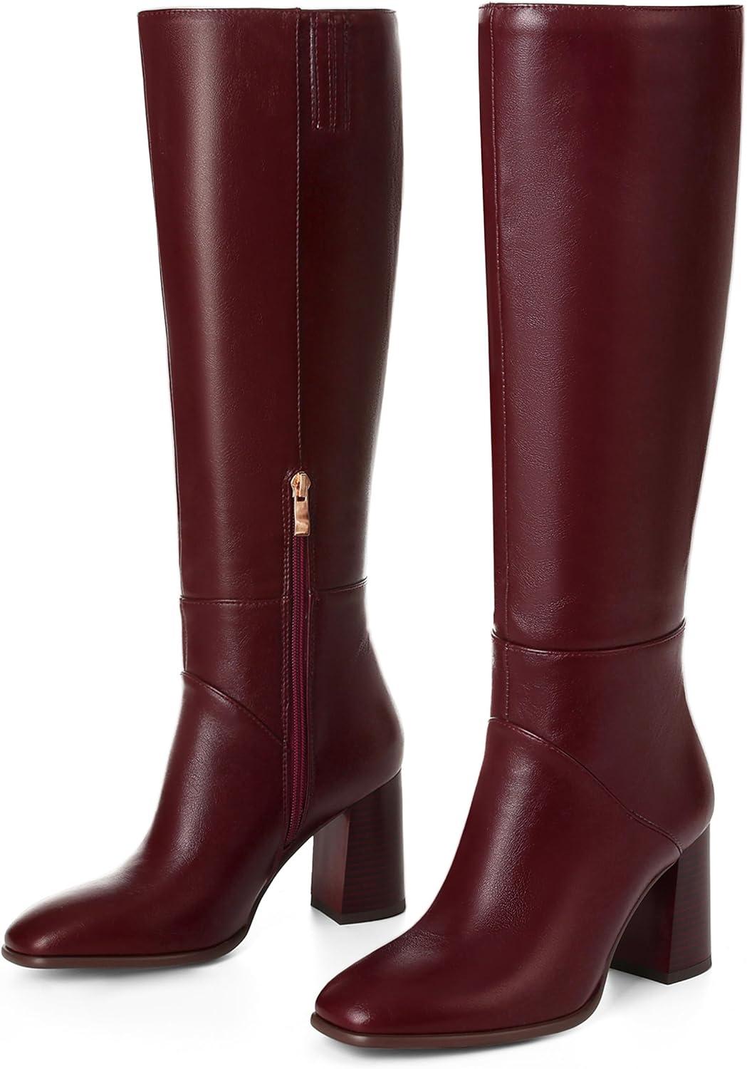image:imageEQAUDES Knee High Boots Women Fall Winter Faux Suede Square Toe Chunky Block Heel Wide Calf Boots Fashion Side Zipper Long Boot1 Burgundy