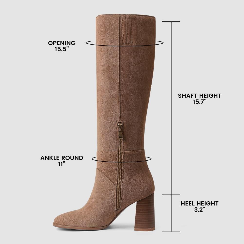 image:imageEQAUDES Knee High Boots Women Fall Winter Faux Suede Square Toe Chunky Block Heel Wide Calf Boots Fashion Side Zipper Long Boot1 Khaki