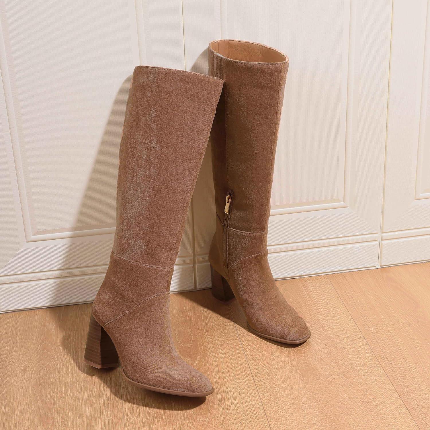 image:imageEQAUDES Knee High Boots Women Fall Winter Faux Suede Square Toe Chunky Block Heel Wide Calf Boots Fashion Side Zipper Long Boot1 Khaki