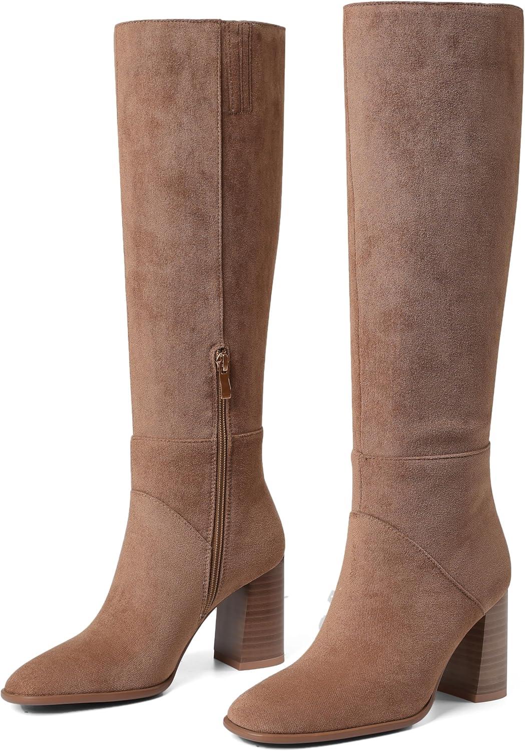 image:imageEQAUDES Knee High Boots Women Fall Winter Faux Suede Square Toe Chunky Block Heel Wide Calf Boots Fashion Side Zipper Long Boot1 Khaki