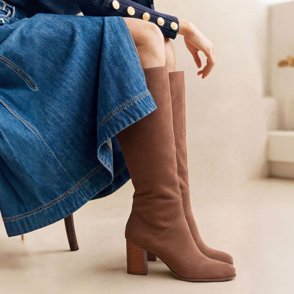 image:imageEQAUDES Knee High Boots Women Fall Winter Faux Suede Square Toe Chunky Block Heel Wide Calf Boots Fashion Side Zipper Long Boot1 Khaki