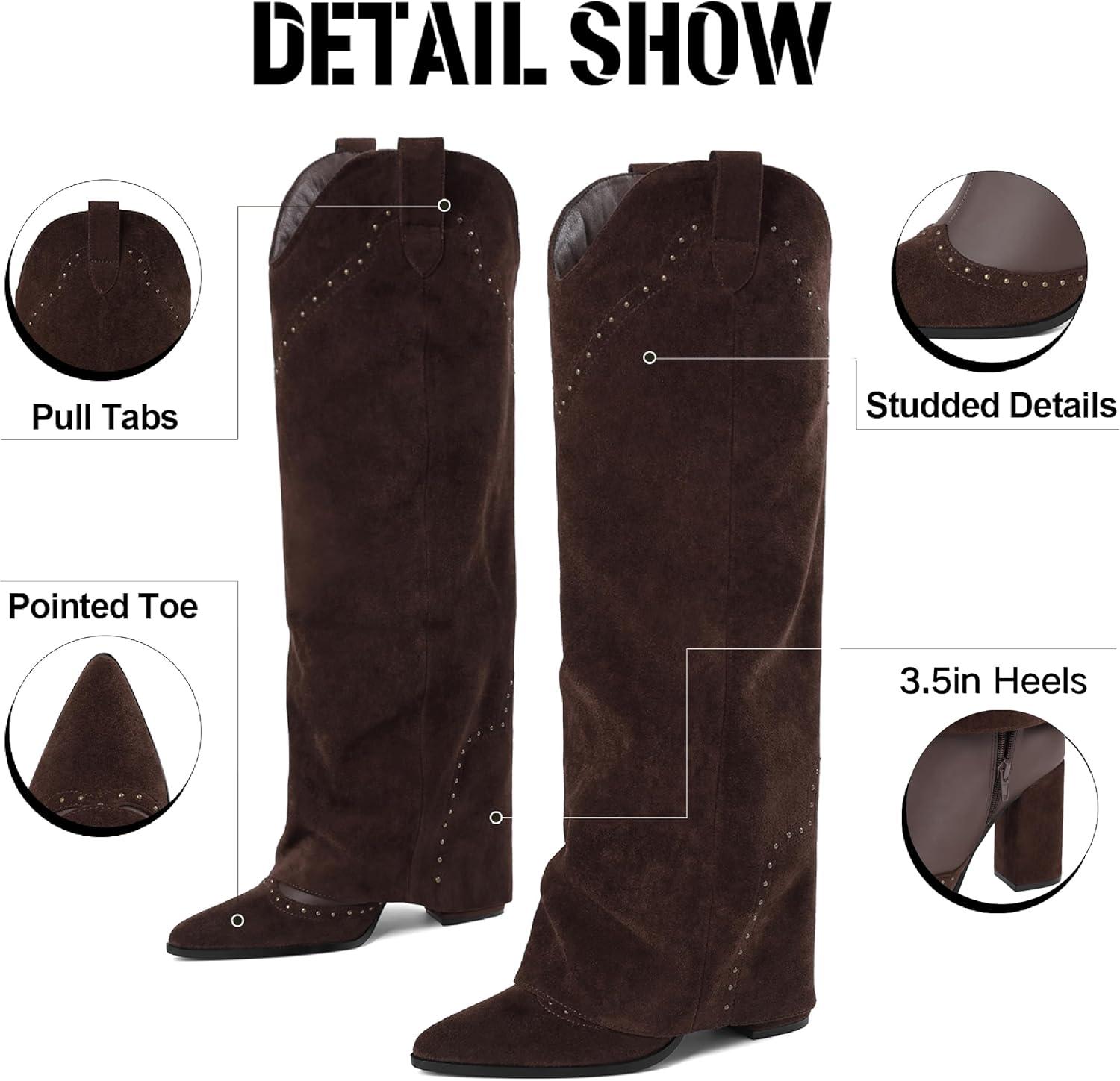 image:imageEQAUDES Womens Shark Studded Fold Over Knee High Boots Tall Pullon Snip Toe Cowboy Cowgirl Slouch Boot DressChocolatebrown