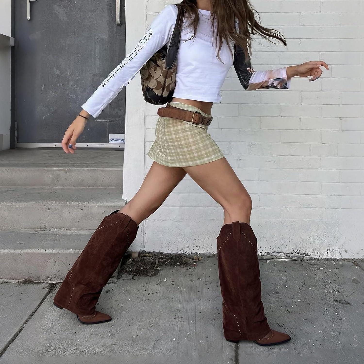 image:imageEQAUDES Womens Shark Studded Fold Over Knee High Boots Tall Pullon Snip Toe Cowboy Cowgirl Slouch Boot DressChocolatebrown