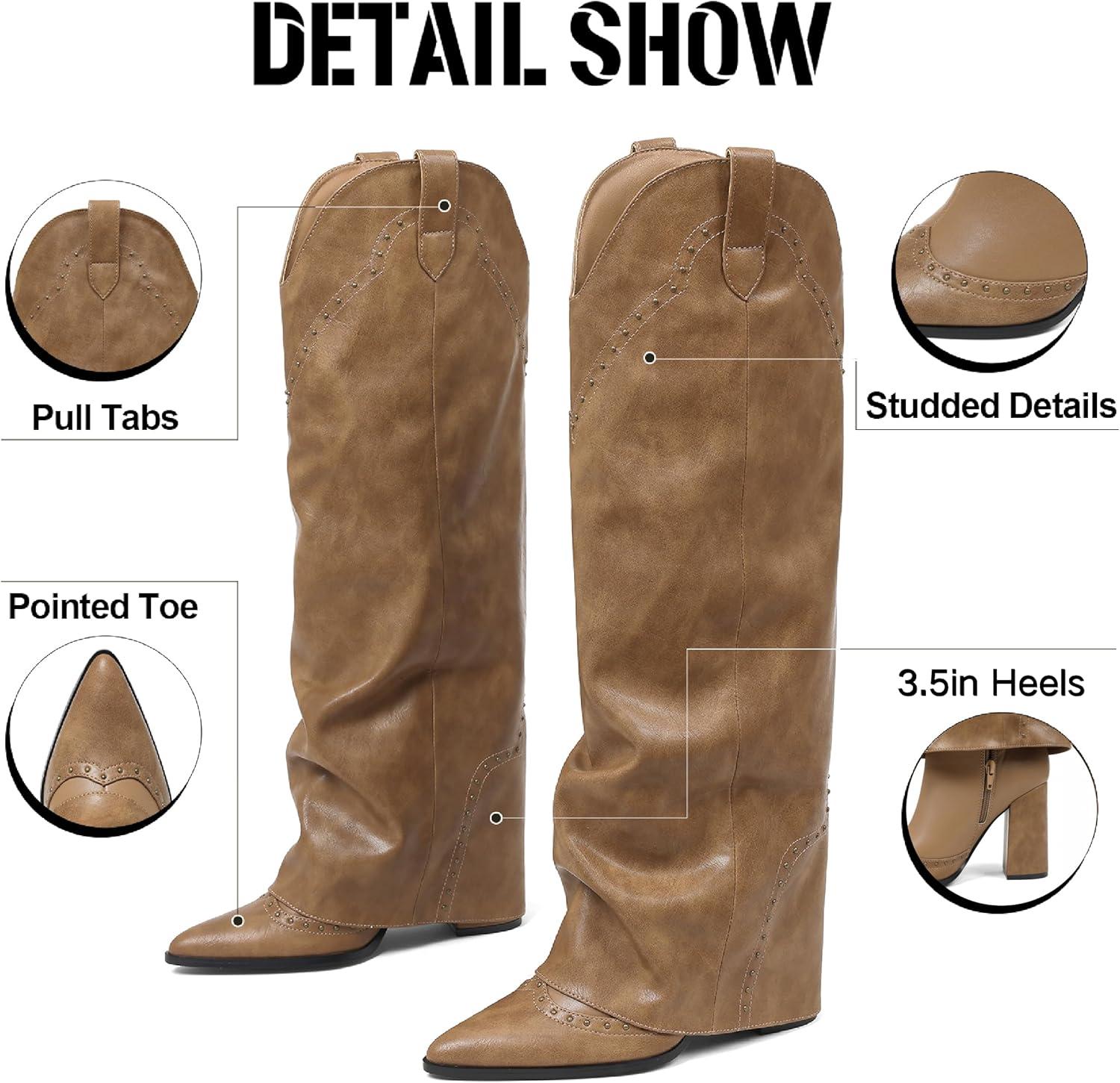 image:imageEQAUDES Womens Shark Studded Fold Over Knee High Boots Tall Pullon Snip Toe Cowboy Cowgirl Slouch Boot DressKhaki