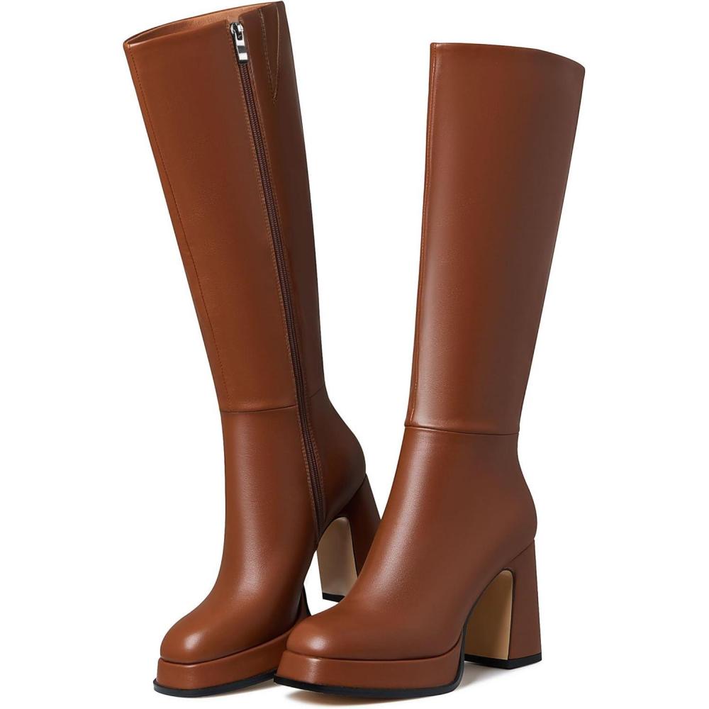 image:imageEQAUDES Knee High Boots Platform Leather Chunky Heel Fall Boot for Women 2025 Square Toe Side Zipper1 Brown