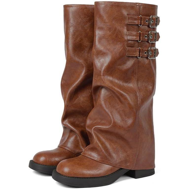 image:imageEQAUDES Knee High Boots Women Fall Slouchy Fold Over Tall Boots  Motorcycle Hidden Zipper Fashion Buckle Platform Square Toe1 Brown
