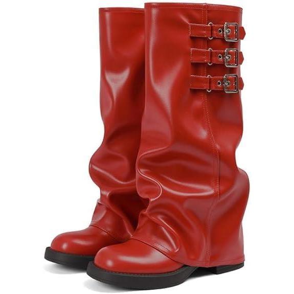 image:imageEQAUDES Knee High Boots Women Fall Slouchy Fold Over Tall Boots  Motorcycle Hidden Zipper Fashion Buckle Platform Square Toe1 Red