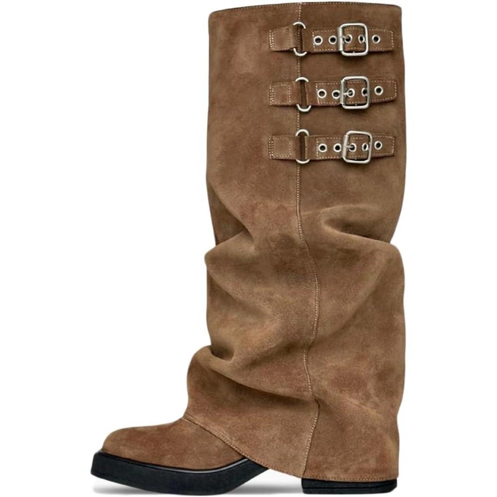 image:imageEQAUDES Knee High Boots Women Fall Slouchy Fold Over Tall Boots  Motorcycle Hidden Zipper Fashion Buckle Platform Square Toe1 Taupe