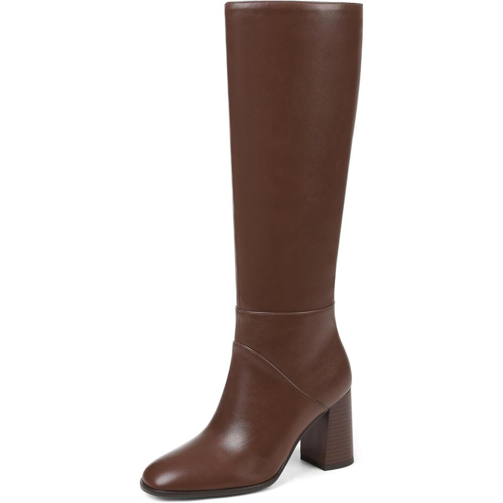 image:imageEQAUDES Knee High Boots Women Fall Winter Faux Suede Square Toe Chunky Block Heel Wide Calf Boots Fashion Side Zipper Long Boot1 Brown Pu