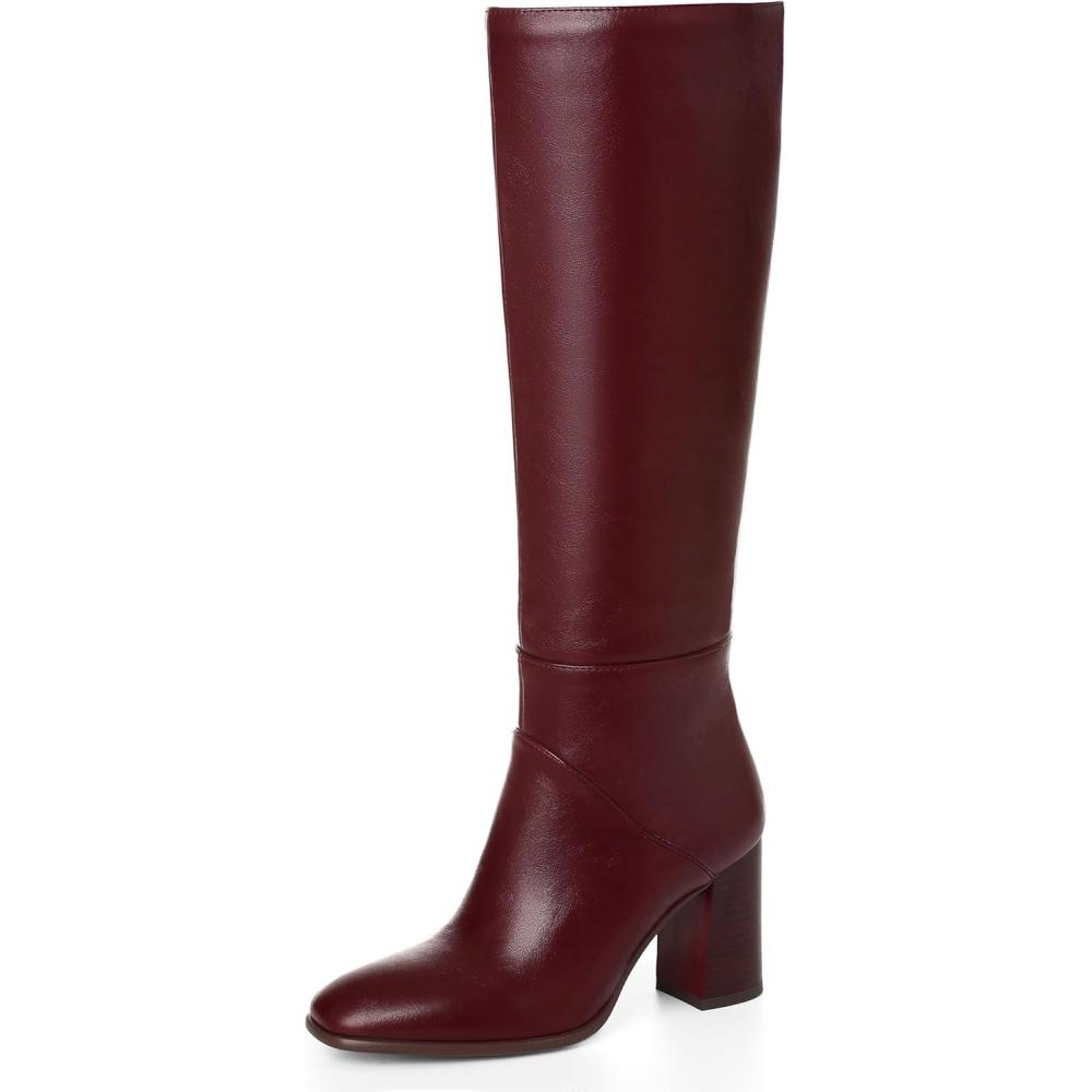image:imageEQAUDES Knee High Boots Women Fall Winter Faux Suede Square Toe Chunky Block Heel Wide Calf Boots Fashion Side Zipper Long Boot1 Burgundy