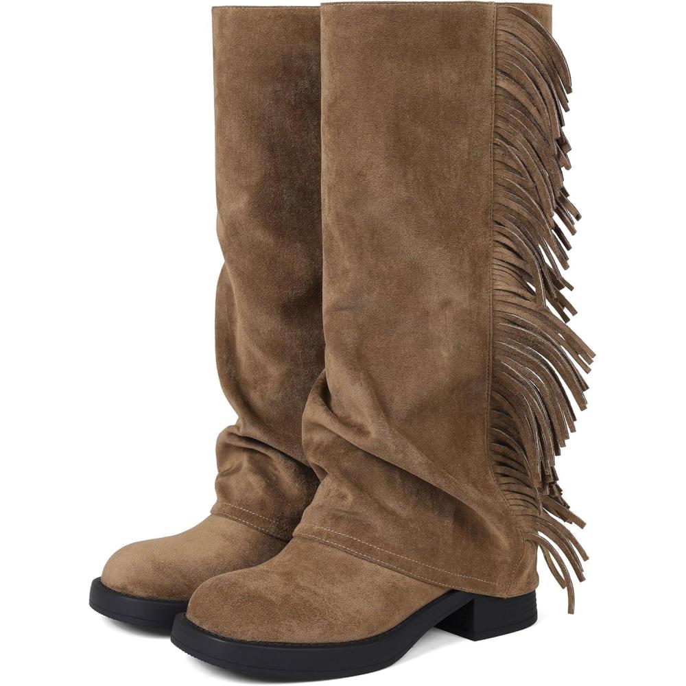 image:imageEQAUDES Womens Knee High Boots Fold over Shark Boots Fringe Suede Cowboy Boots for Women Square Toe Low Heel Boots for Women1 Brown