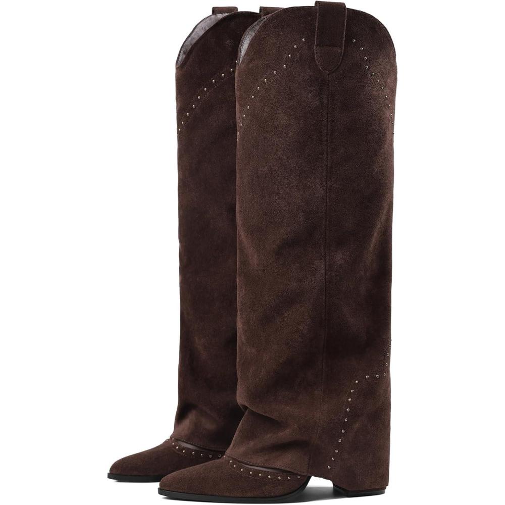 image:imageEQAUDES Womens Shark Studded Fold Over Knee High Boots Tall Pullon Snip Toe Cowboy Cowgirl Slouch Boot DressChocolatebrown