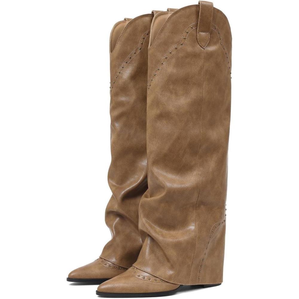 image:imageEQAUDES Womens Shark Studded Fold Over Knee High Boots Tall Pullon Snip Toe Cowboy Cowgirl Slouch Boot DressKhaki