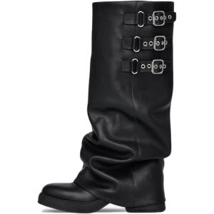 EQAUDES Knee High Boots Women Fall Slouchy Fold Over Tall Boots – Motorcycle, Hidden Zipper, Fashion Buckle, Platform, Square Toe(1 Black)