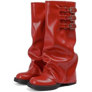 EQAUDES Knee High Boots Women Fall Slouchy Fold Over Tall Boots – Motorcycle, Hidden Zipper, Fashion Buckle, Platform, Square Toe(1 Red)