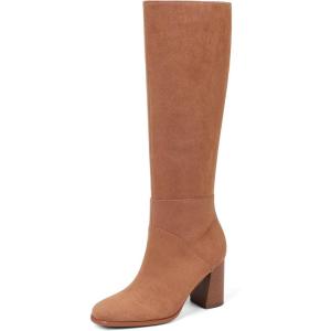 EQAUDES Knee High Boots Women Fall Winter Faux Suede Square Toe Chunky Block Heel Wide Calf Boots Fashion Side Zipper Long Boot(1 Brown)