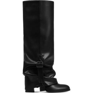 EQAUDES Knee High Boots Women Fold Over Slouchy Boot – Buckle Desgin, Hidden Zipper, Round Toe, Chunky Heel(Black)