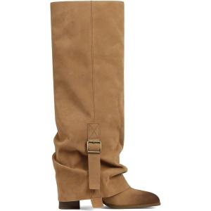 EQAUDES Knee High Boots Women Fold Over Slouchy Boot – Buckle Desgin, Hidden Zipper, Round Toe, Chunky Heel(Brown)
