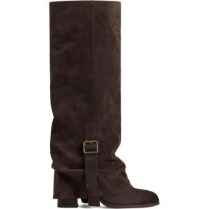 EQAUDES Knee High Boots Women Fold Over Slouchy Boot – Buckle Desgin, Hidden Zipper, Round Toe, Chunky Heel(Chocolate)