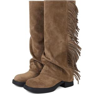 EQAUDES Women’s Knee High Boots Fold over Shark Boots Fringe Suede Cowboy Boots for Women Square Toe Low Heel Boots for Women(1 Brown)