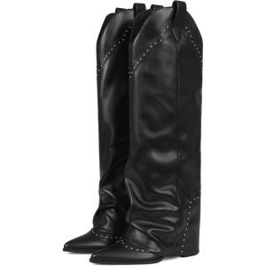 EQAUDES Women’s Shark Studded Fold Over Knee High Boots Tall Pull-on Snip Toe Cowboy Cowgirl Slouch Boot Dress(1 Black)